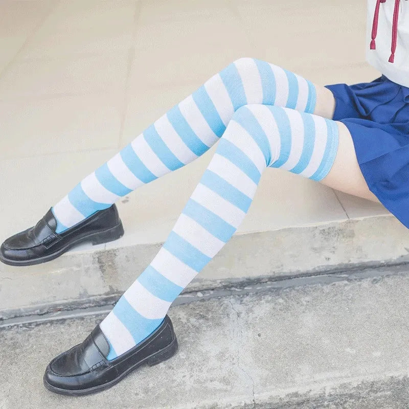 Kawaii Striped Knee High Stockings 🌈✨ - Adorable Black, Pink & Blue Lolita Socks for Cosplay & School Girls! 🧦💕