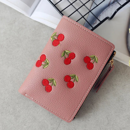 🍒 Kawaii Cherry Embroidered Mini Wallet 🌟 Cute PU Leather Card Holder for Trendy Students!