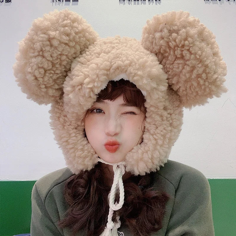 women's winter hat 2023 Fashion Solid Beanies Cute Bear Ears Warm Hat Windproof Cap Earflap hat Lamb hair Cap Female Hat Present