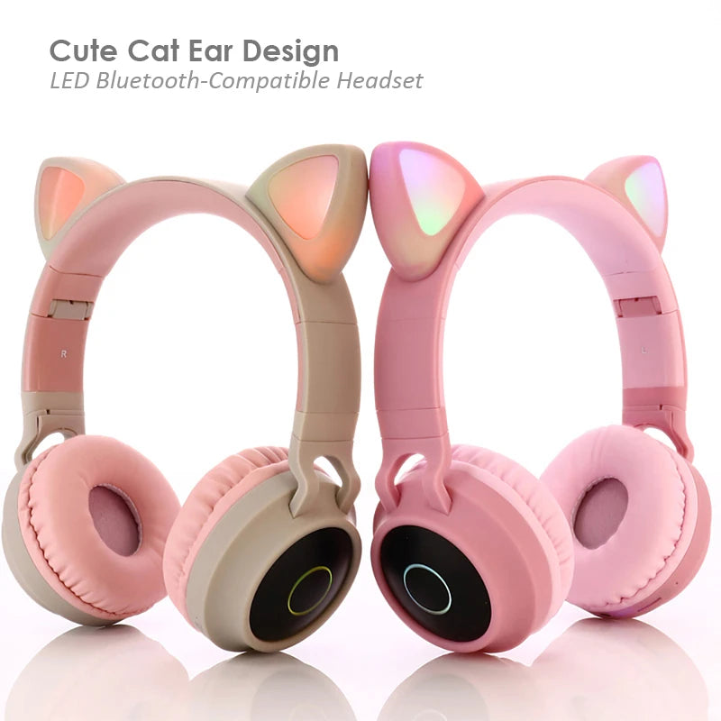 Kawaii Cat Ear Bluetooth Headphones 🎧💖 LED Light-Up Earphones with Mic for Girls & Kids - Perfect Gift! 🎁✨