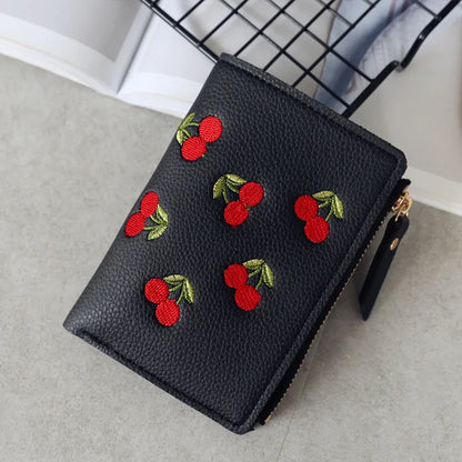 🍒 Kawaii Cherry Embroidered Mini Wallet 🌟 Cute PU Leather Card Holder for Trendy Students!