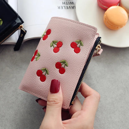 🍒 Kawaii Cherry Embroidered Mini Wallet 🌟 Cute PU Leather Card Holder for Trendy Students!