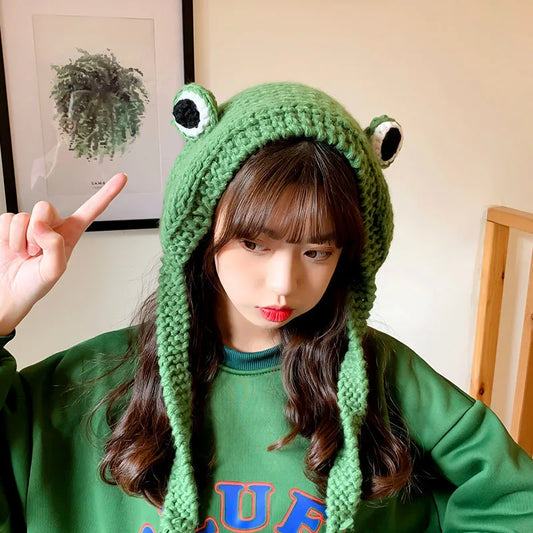 Kawaii Green Frog Beanie 🐸✨ - Cute Knitted Winter Hat for Ladies | Warm Skull Cap & Costume Accessory! 🎉❄️