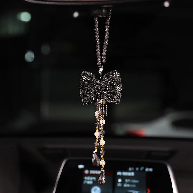 Kawaii Crystal Bowknot Car Charm ✨ Cute Rhinestone Tassel Pendant for Rearview Mirror 🌟 Adorable Women’s Car Accessories 💖