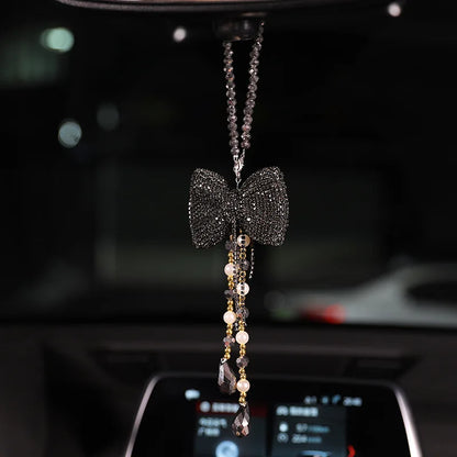 Kawaii Crystal Bowknot Car Charm ✨ Cute Rhinestone Tassel Pendant for Rearview Mirror 🌟 Adorable Women’s Car Accessories 💖