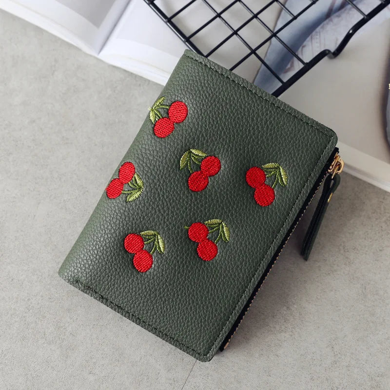 🍒 Kawaii Cherry Embroidered Mini Wallet 🌟 Cute PU Leather Card Holder for Trendy Students!