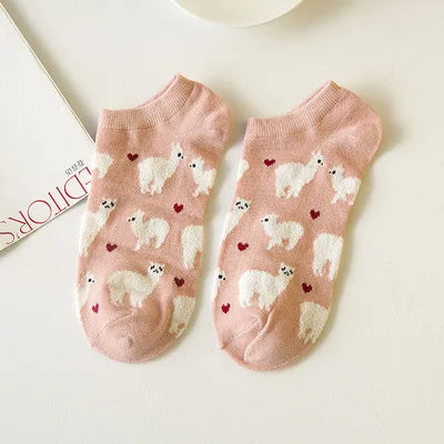 Kawaii Alpaca Love Heart Ankle Socks 🦙❤️ | Cozy Cotton Animal Print for Ultimate Comfort! 🧦✨