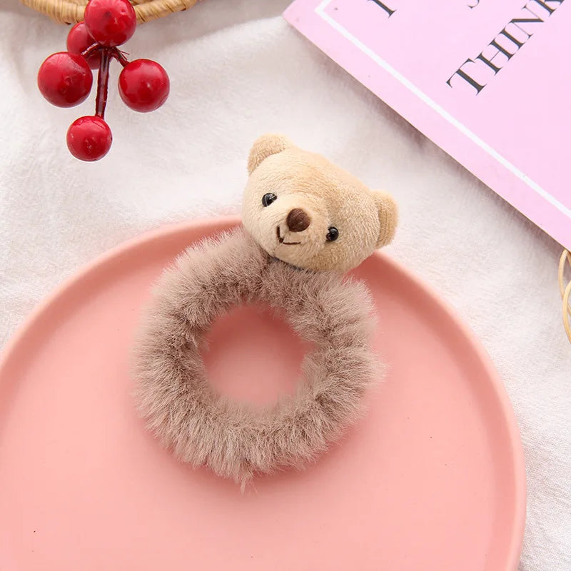 Kawaii Plush Animal Scrunchies 🐻🐰 - Adorable Elastic Hair Ties for Girls & Women 🎀 - Cozy Fall/Winter Hair Accessories!