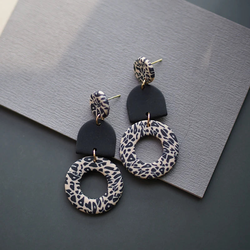 Leopard Pattern Polymer Clay Earrings Set 🐆 Multi Shapes Black White Drops ✨