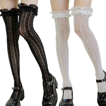 Sweetheart Striped Thigh High Fishnet Socks 💖👗 - Ruffled Lace Over Knee Stockings for Cute Fashionistas! 🌟✨ - Pixie Quill