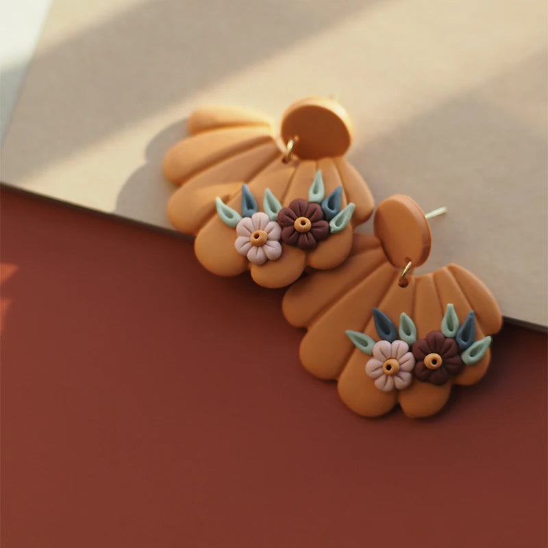 Shell Shape Multicolor Flower Pendant Chunky Polymer Clay Earrings For Women 💖🌸