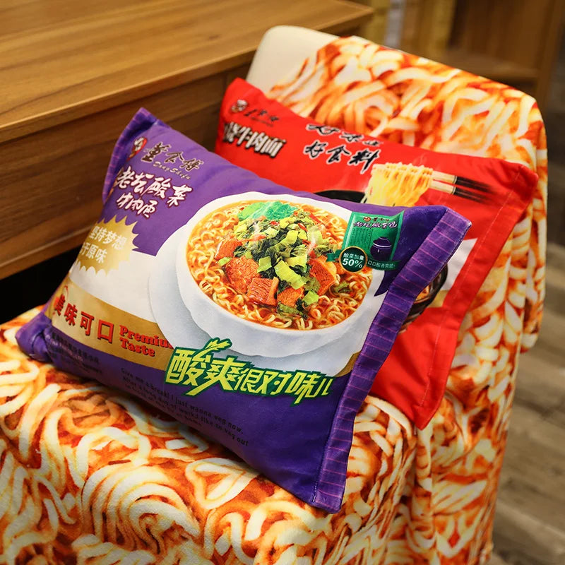 🍜 Plush Ramen Noodle Pillow & Cozy Blanket Set 🌟 3D Food Fun Gift! 🎁 - Pixie Quill