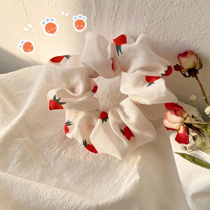 Kawaii Strawberry Blossom Hair Scrunchies 🍓🌸 | Adorable Elastic Hair Ties for Girls & Women!