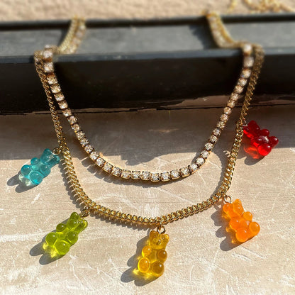 ✨Whimsical Gummy Bear Crystal Choker Necklace 🍬💖 - Adorable Multi-layered Clavicle Chain for Trendy Women!