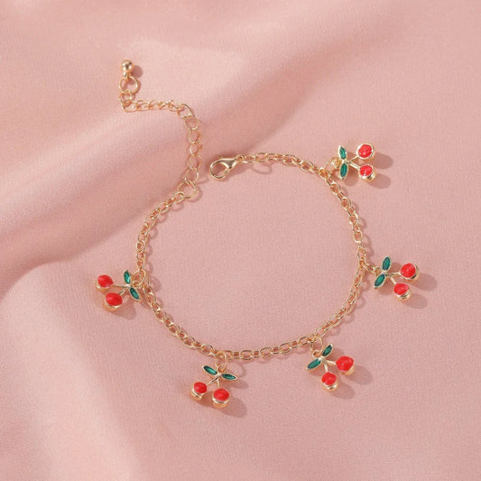 Kawaii Cherry Blossom Gold Charm Bracelet 🍒✨ - Adjustable Anklet Jewelry for Girls, Perfect for Parties & Gifts!