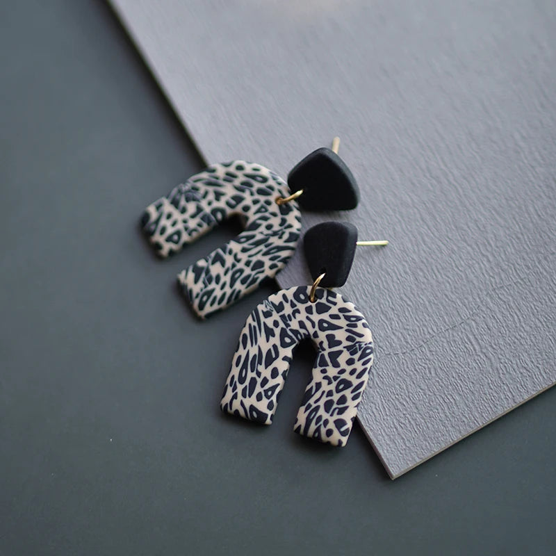 Leopard Pattern Polymer Clay Earrings Set 🐆 Multi Shapes Black White Drops ✨