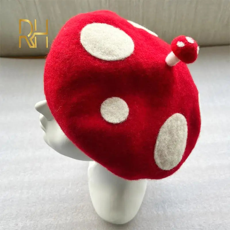 Red Mushroom Beret For Women Handmade Wool Felt Hat Cozy Winter Gift 🍄🎨