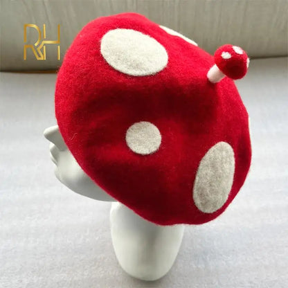 Red Mushroom Beret For Women Handmade Wool Felt Hat Cozy Winter Gift 🍄🎨