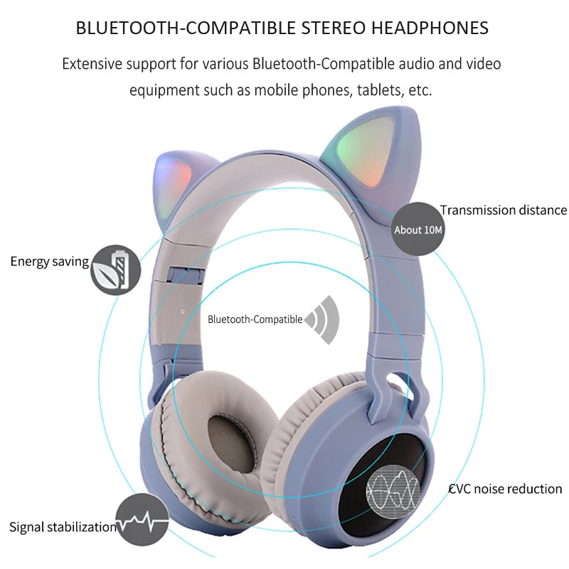 Kawaii Cat Ear Bluetooth Headphones 🎧💖 LED Light-Up Earphones with Mic for Girls & Kids - Perfect Gift! 🎁✨