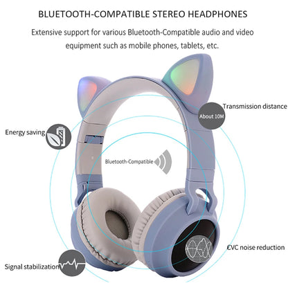 Kawaii Cat Ear Bluetooth Headphones 🎧💖 LED Light-Up Earphones with Mic for Girls & Kids - Perfect Gift! 🎁✨