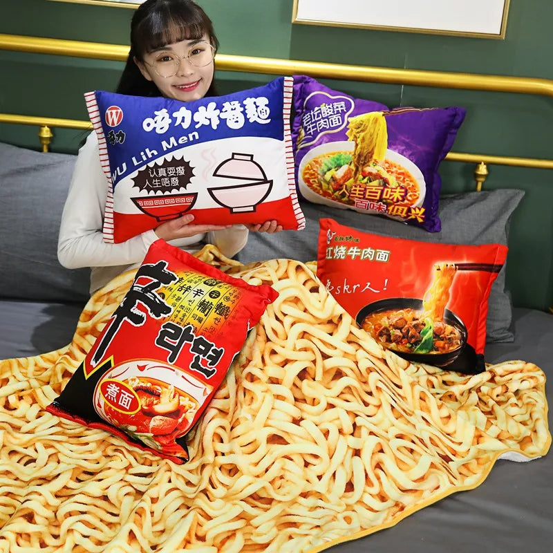 🍜 Plush Ramen Noodle Pillow & Cozy Blanket Set 🌟 3D Food Fun Gift! 🎁 - Pixie Quill