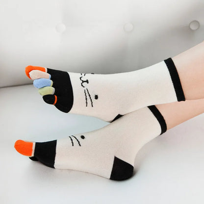 Kawaii Cat Cartoon Five Finger Socks 🐾🎨 | Soft & Colorful Women's Toe Socks for All Seasons 🌈✨