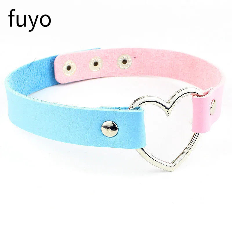 Pink Blue PU Leather Heart Choker Necklace For Women Cute Statement Jewelry 💗🎀