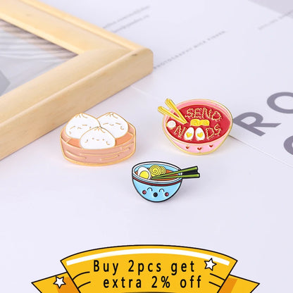 Kawaii Cartoon Ramen Enamel Pin 🍜✨ - Cute Brooch with Bowl & Chopsticks for Denim Shirts & Gifts 🎁💖