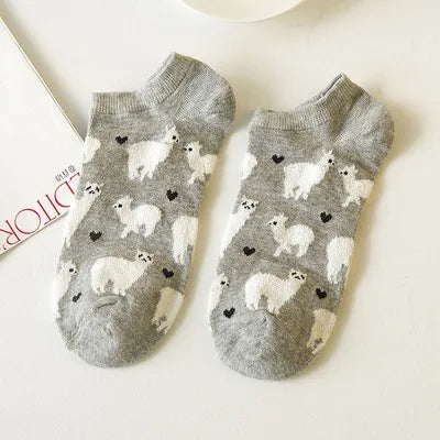 Kawaii Alpaca Love Heart Ankle Socks 🦙❤️ | Cozy Cotton Animal Print for Ultimate Comfort! 🧦✨