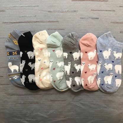 Kawaii Alpaca Love Heart Ankle Socks 🦙❤️ | Cozy Cotton Animal Print for Ultimate Comfort! 🧦✨