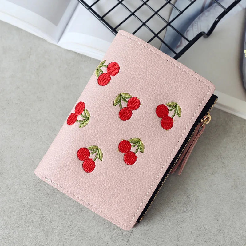 🍒 Kawaii Cherry Embroidered Mini Wallet 🌟 Cute PU Leather Card Holder for Trendy Students!