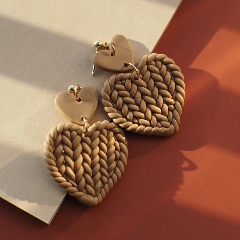 Heart Pattern Braided Polymer Clay Earrings Set 💖 Cute Dangle Jewelry For Women