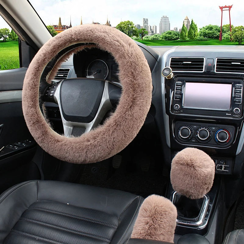 Cozy Kawaii Plush Rabbit Fur Steering Wheel Cover Set 🐰✨ | Warm Winter Handbrake & Shift Sleeve | 38cm Universal Fit