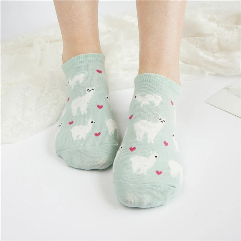 Kawaii Alpaca Love Heart Ankle Socks 🦙❤️ | Cozy Cotton Animal Print for Ultimate Comfort! 🧦✨