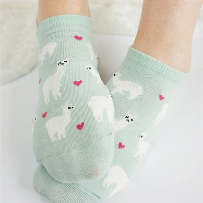 Kawaii Alpaca Love Heart Ankle Socks 🦙❤️ | Cozy Cotton Animal Print for Ultimate Comfort! 🧦✨