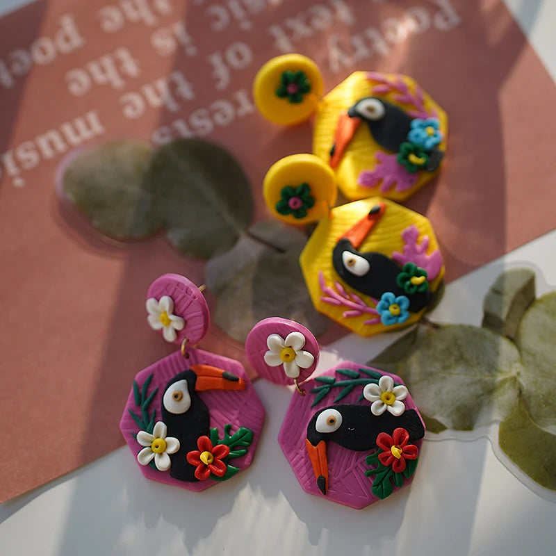 Bright Tropical Toucan Parrot Dangle Earrings Set in Floral Jungle Colors Polymer Clay Jewelry for Summer Fun 🐦🌺🌴