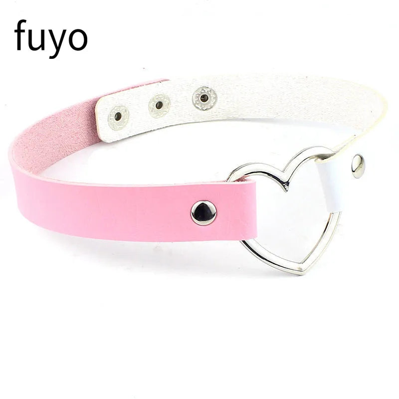 Pink Blue PU Leather Heart Choker Necklace For Women Cute Statement Jewelry 💗🎀
