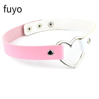 Pink Blue PU Leather Heart Choker Necklace For Women Cute Statement Jewelry 💗🎀