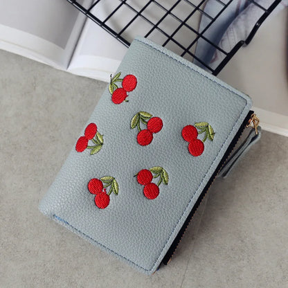 🍒 Kawaii Cherry Embroidered Mini Wallet 🌟 Cute PU Leather Card Holder for Trendy Students!