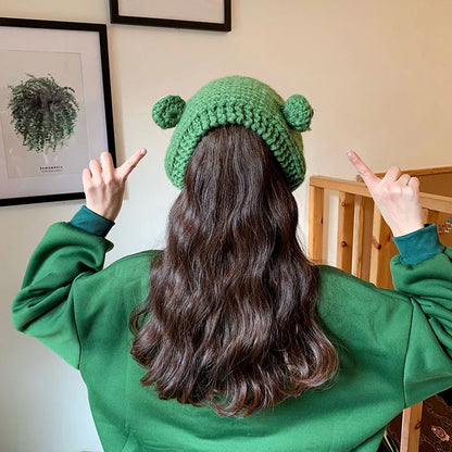 Kawaii Green Frog Beanie 🐸✨ - Cute Knitted Winter Hat for Ladies | Warm Skull Cap & Costume Accessory! 🎉❄️