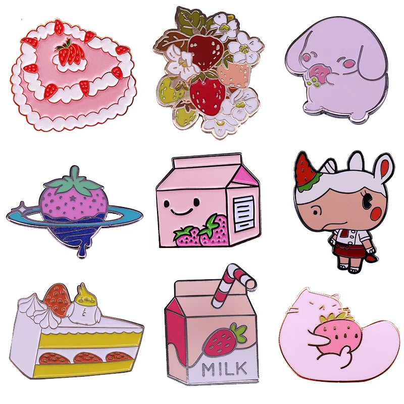 🍓 Cute Kawaii Strawberry Milk Cat & Bunny Enamel Pin 🌟 Adorable Fruit & Drink Brooch for Spring Gifts!