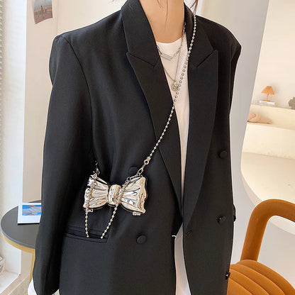 Kawaii Metallic Mini Bow Crossbody Bag 🎀✨ – Cute Shoulder Clutch for Women | Stylish Lipstick & Coin Purse in Silver & Gold! 🌈💖