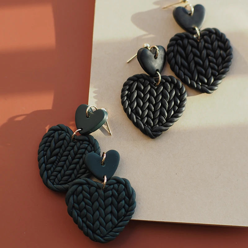 Heart Pattern Braided Polymer Clay Earrings Set 💖 Cute Dangle Jewelry For Women