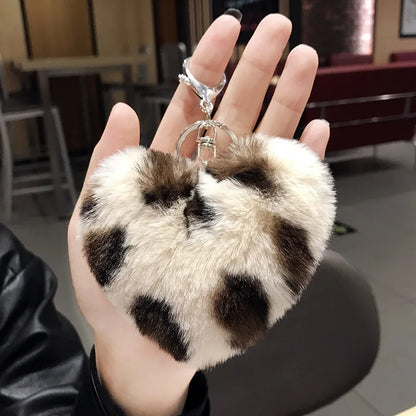 Kawaii Leopard Love Heart Keychain 🐆💖 | Plush Fur Ball Pendant for Bags & Car Keys | Cute Gift Idea 🎁✨