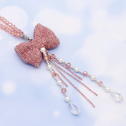 Kawaii Crystal Bowknot Car Charm ✨ Cute Rhinestone Tassel Pendant for Rearview Mirror 🌟 Adorable Women’s Car Accessories 💖