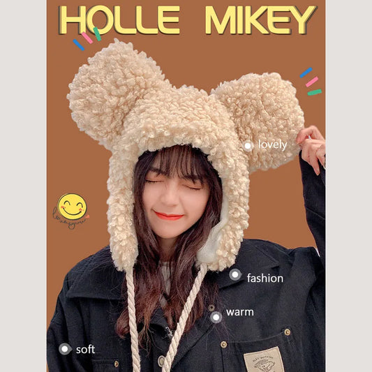 women's winter hat 2023 Fashion Solid Beanies Cute Bear Ears Warm Hat Windproof Cap Earflap hat Lamb hair Cap Female Hat Present