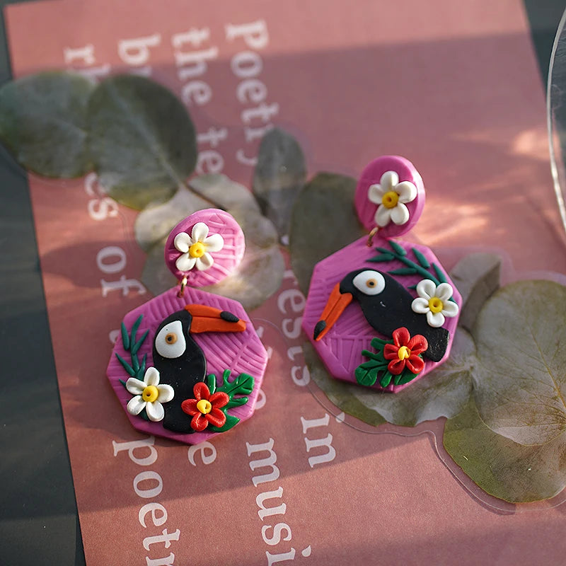 Bright Tropical Toucan Parrot Dangle Earrings Set in Floral Jungle Colors Polymer Clay Jewelry for Summer Fun 🐦🌺🌴