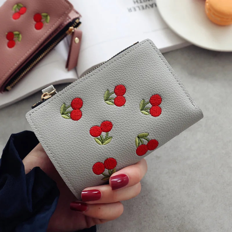 🍒 Kawaii Cherry Embroidered Mini Wallet 🌟 Cute PU Leather Card Holder for Trendy Students!