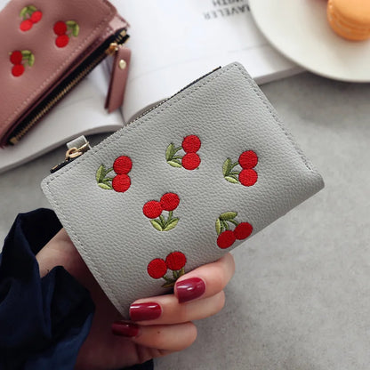 🍒 Kawaii Cherry Embroidered Mini Wallet 🌟 Cute PU Leather Card Holder for Trendy Students!