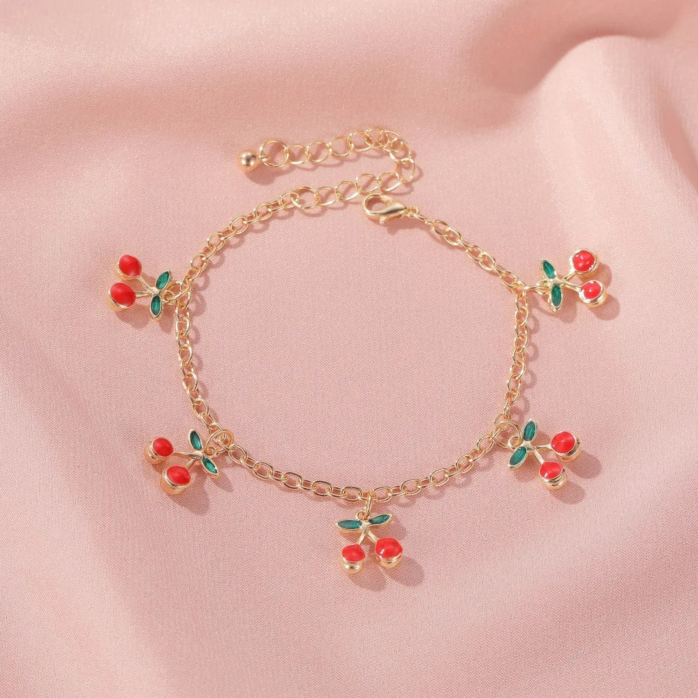 Kawaii Cherry Blossom Gold Charm Bracelet 🍒✨ - Adjustable Anklet Jewelry for Girls, Perfect for Parties & Gifts!